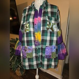 Upcycled  Flannel Shirt. Peace Sign Ric-Rac Patches. XL. Gypsy BoHo Hippie